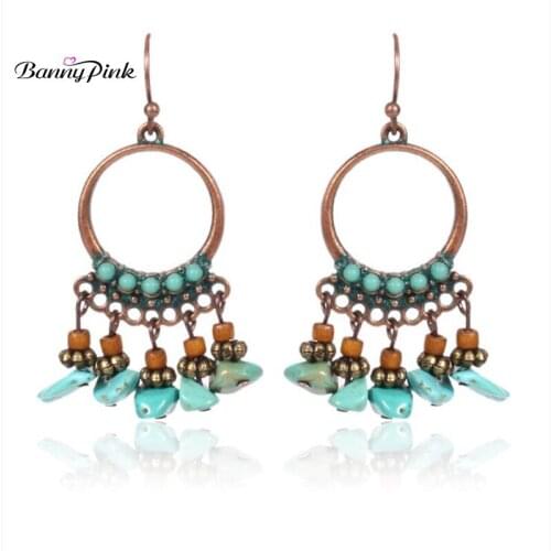 Banny Pink Bohemia Alloy Round Pendant Dangle Earrings For Women Vintage Synthetic Stone Chips Statement Drop Earrings Pendiente