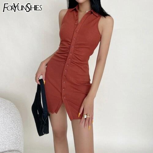 Women Bodycon Shirts Dress Ruched Casual Vintage Sleeveless Turn-Down Collar Elastic Wrap Hip Elegant Mini Sundress 2021 Summer