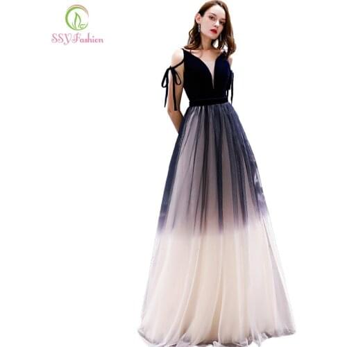 SSYFashion New Elegant Navy Blue Evening Dress V-neck Simple Gradient Color Backless Prom Party Gowns Evening Dresses Long