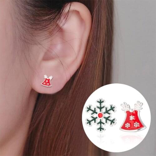 Winter Fashion Asymmetric Christmas Green Snowflake & Red Bell Shaped Small Stud Earrings for Women