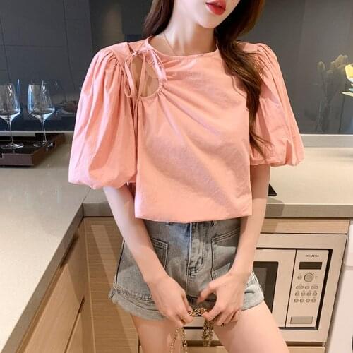 2021 Summer New Women Pleated Tops Solid Cotton O-Neck Shirt Lace Hollow Out Casual Elegant Women Short Sleeve Blusas 13810