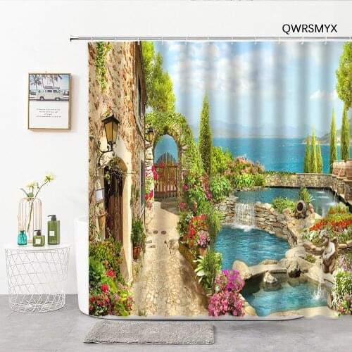 Mediterranean Garden Sea View Room 3D Bathroom Curtain Oil Painting Landscape Shower Curtains Washable Fabric Bathroom Products