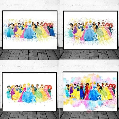 Watercolor Disney Princesses Art Disney Canvas Painting Poster and Prints Nursery Wall Art for Kids Room Decor Unframed