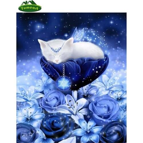 Diamond Embroidery White Cat and Blue Rose DIY Needlework Diamond Painting Cross Stitch 5D Rhinestones Painting Flower Angel Cat