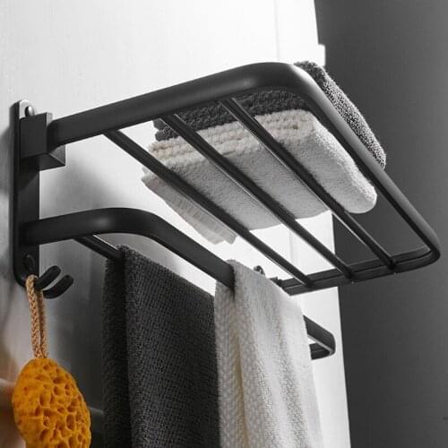 Space Aluminum Black Towel Rack Wall Mounted Folding Towel Holder Storage Shelf with Hook Bathroom Shower Room Accessories