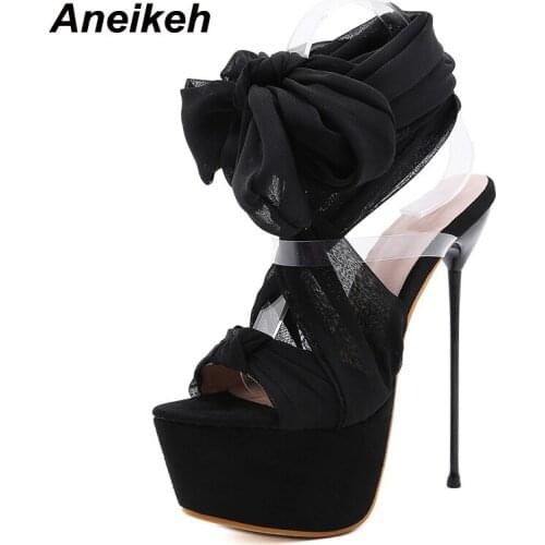 Aneikeh 2021 Summer Microfiber Women Shoes Fashion Thin Heel Sandals Cross-Strap Party Riband Lace-Up Rome Solid Platform Black