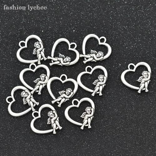 Fashion lychee 10pcs Angel Wings Cupid Love Heart Shaped Charms Tibetan Silver Beads For DIY Jewelry Making Pendant