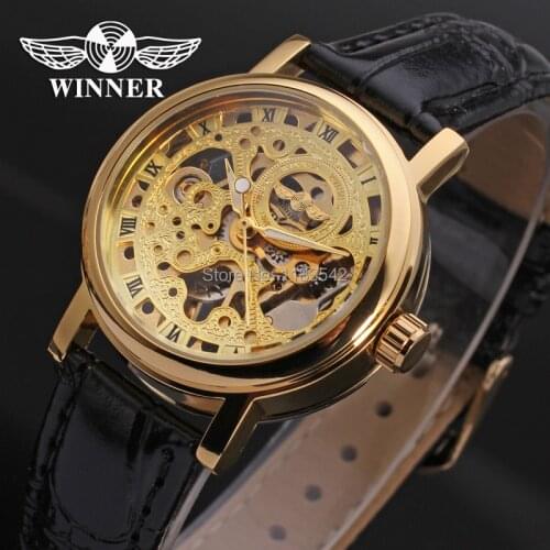 Winner Womens Watch Mechanical Hand-wind Fashion Casual Leather Strap Analog Crystal Brand Wristwatch Color Gold WRL8005M3G1