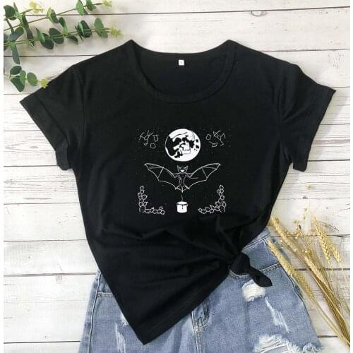 Black Tee Shirt Moon Bat Candle Astrology Witchy Nocturnal Occult Wiccan Witchcraft Skull Aesthetic gothic graphic t shirt tees