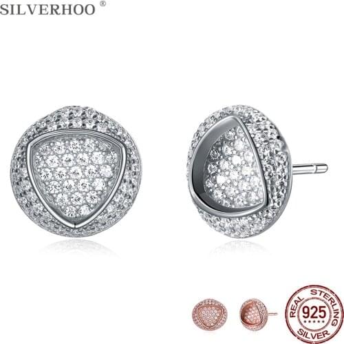 SILVERHOO Real Sterling Silver 925 Jewelry For Women Hollow Geometric Triangle Earrings Clear Full Cubic Zirconia Stud Earring