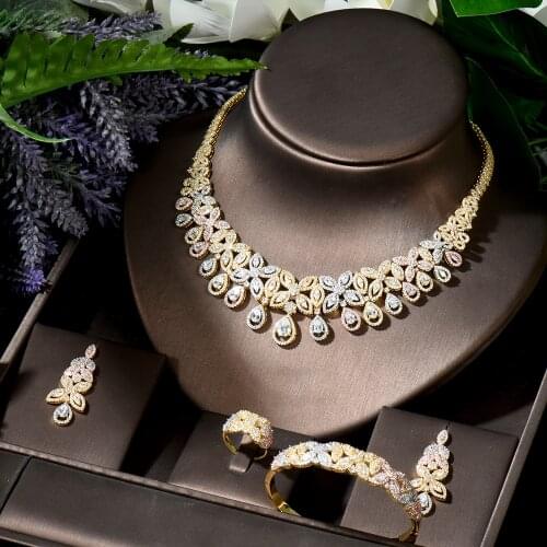 HIBRIDE Luxury 3 Tones Nigerian Dubai Jewelry Sets for Women Cubic Zircon Wedding Bridal Jewelry Sets Party Accessories N-1797