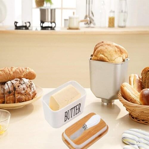 Ceramics Butter Dish with Lid,Ceramic Butter Holder With Knife and bamboo lid,White