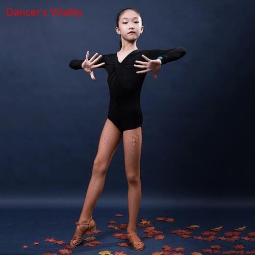 Latin Dance Girls Long Sleeves Body Suit Dancing Clothing Children Autumn And Winter Profession Performances Clothes