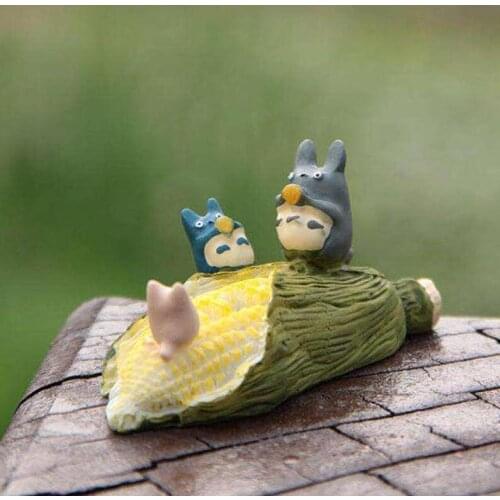 Miniature Fairy Garden Tiny Totoros Sit on Corn , Terrarium Accessory, DIY Fairy Garden Supplies
