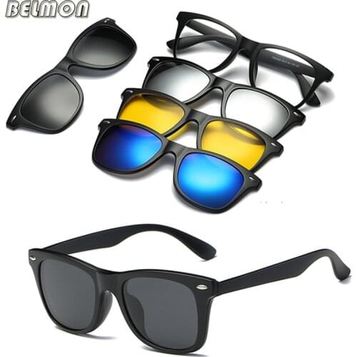 Belmon Spectacle Frame Men Women With 4 Piece Clip On Polarized Sunglasses Magnetic Glasses Male Driving Myopia Optical RS476