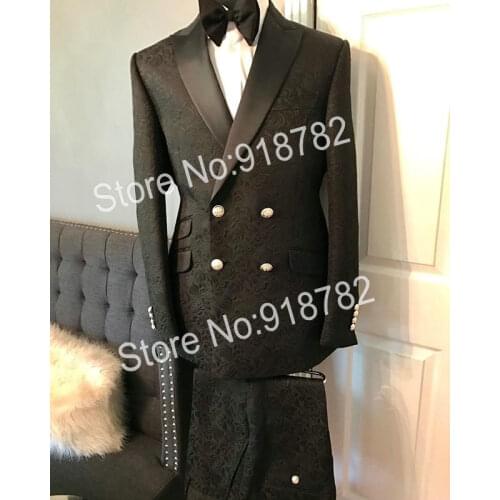 Suits Men 2019 Black Jacquard Peaked Lapel Double Breasted Suit Slim Fit Formal Prom Suits Wedding Groomsman Best Man Tuxedo