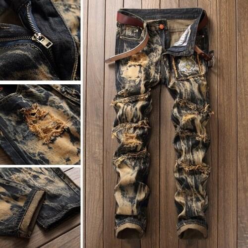 2021 spring and summer new trend ripped graffiti print street mens washed denim trousers