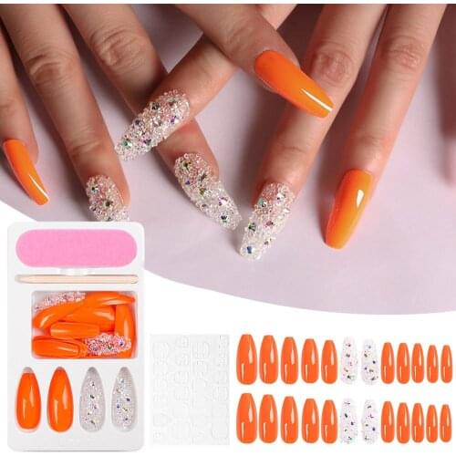 Nail Bright Neon Orange Press on Nails Holographic 3D Diamond Long Coffin Ballerina UV nail Tips With Box Free Adhesive Tapes