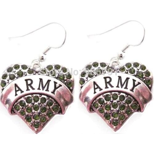 Newest Styles rhodium plated Green Crystal Army Heart Earrings(E100055), 30pair a lot