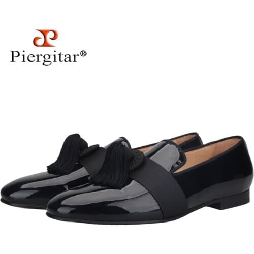 Piergitar New Summer Style Black Patent Leather Mens Loafers With Fringed Embellishments For Party And Prom Leather Insoles