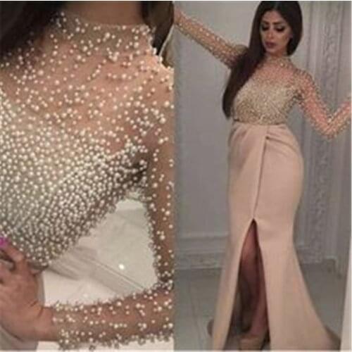 Illusion Long Sleeves Mermaid Prom Dresses Sexy Split Beaded Pearls Top Middle East Dubai Special Occasion Party Gown Evening