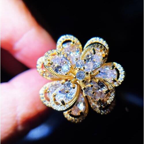 Luxury Charm Flower Rings Adjustable Opening Inlay AAA Zircon Geometry Exaggeration Jewelry For Women Wedding Party Gold Ring