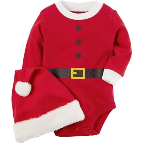 2 Pcs Baby Boy and Girl Christmas Bodysuit Round Neck Long Sleeve Red Jumpsuit, Plush Santa Claus Hat with Hairball Winter 2020