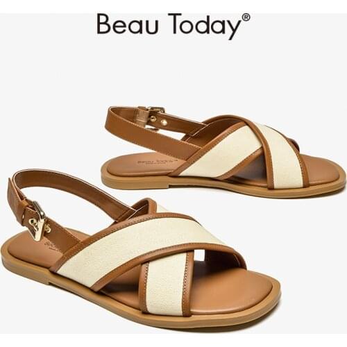 Women Gladiator Sandals Cow Leather Canvas Cross Band Back Strap Summer Casual Flats Shoes for Women Handmade BeauToday 32274