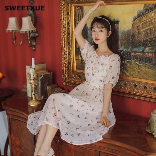 SWEETXUE Printed French Vintage Dress Summer Chiffon New V-Neck Hot Sale 2021 Women