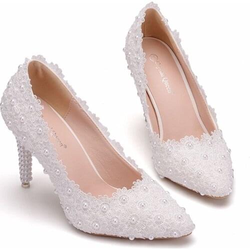 Crystal Queen Lace Flower Wedding Shoes Beautiful Handmade Women High Heels Girl Party Prom Pumps Bridal Shoes White 9CM Heels