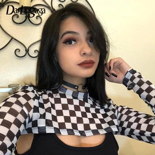 Darlingaga Streetwear Checkerboard Mesh Top Smocking Female T-shirt See Through Crop Top Fashion Checkered T shirt Tee Shirt New