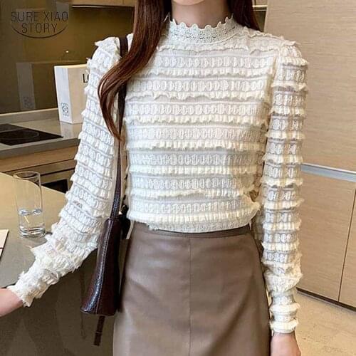 Winter Pleated Lace Blouse New Long Sleeve Women Elegant Woman Top Autumn Korean Stand Collar Ruffle Vintage Shirt Blusas 16581