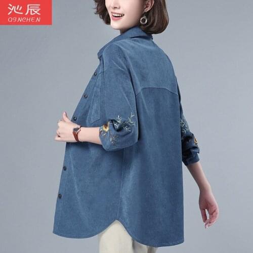 Blouse Women Shirt Embroidered Corduroy Coat for Women Autumn Long-Sleeved Top Shirt for Women Winter Blusas Ropa De Mujer