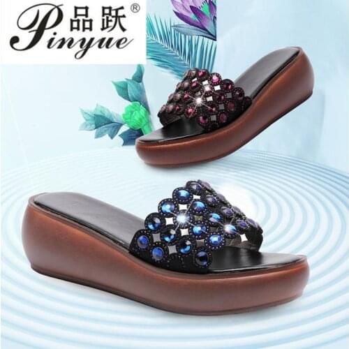 Women Summer Slippers Casual Shoes Genuine Leather Wedges Platform Slippers Women Sandals Rhinestone Slides
