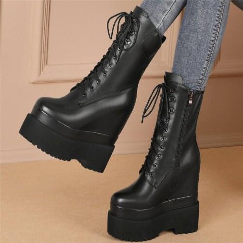 16cm Women Lace Up Genuine Leather Super High Heels Motorcycle Boots Female Round Toe Chunky Platform Pumps Shoes Casual Shoes