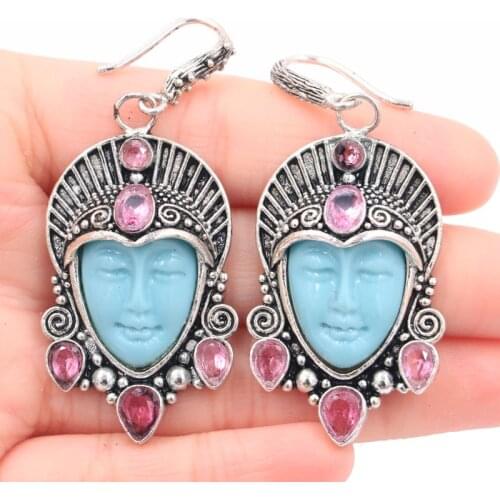 59x24mm Awesome Big Persia Goddess Face Created Blue Topaz Pink Tourmaline Dating Gift Women Silver Earrings