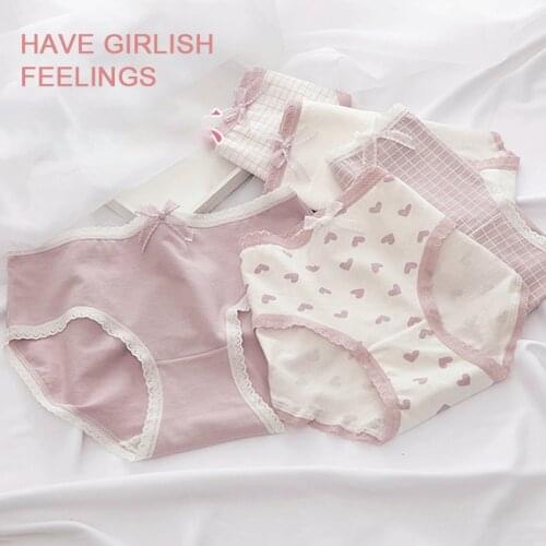 Womens Pure Cotton Comfortable Briefs Cartoon Check Stripe Underwear High Quality Cotton Girl Underwear Student Briefs For 2021