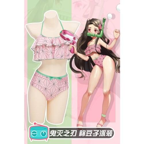 2021 Demon Slayers Blade COS Swimsuit Kamado Nezuko Female Anime Cute Split Lace Swimwear LL