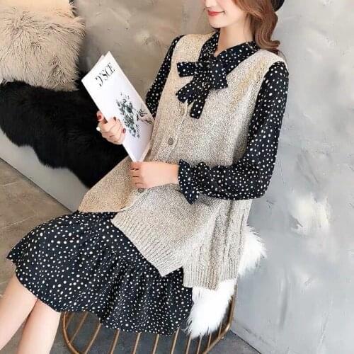 Women Sets Casual Large Size V-neck Single Breasted Knitting Sweater Cardigan + Lace Up Polka Dot Chiffon Dress Suit Elegant X79