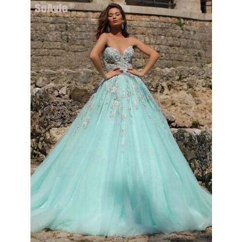 SoAyle Vestido de Festa 2020 Blue Sweetheart Appliques Ball Gown Evening Dress Sleeveless Lace Beaded Formal Evening Dresses