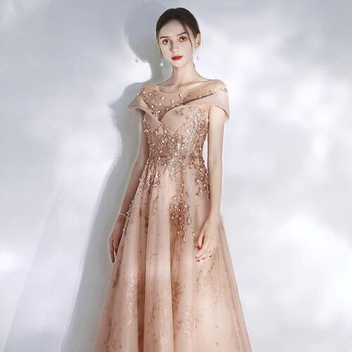 Champagne Pink Evening Dress A-Line Short Sleeve Illusion Crystal Sequins Beaded Long Wedding Banquet Party Prom Gowns 2021 New