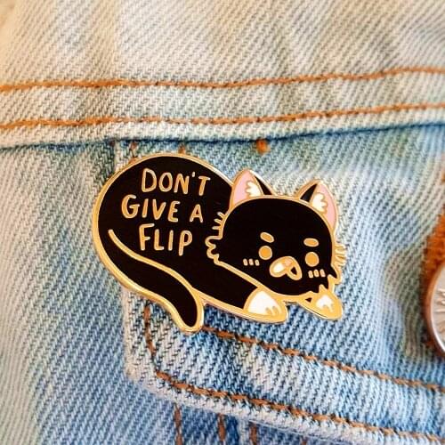 Don't Give A Flip Cat Hard Enamel Pin Cute Black Kitty Brooch Cartoon Animal Badge Accessory Exquisite Beautiful Jewelry Gift