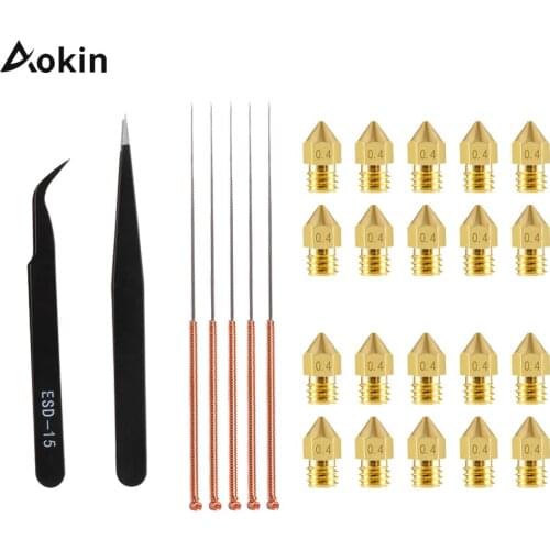 20pcs MK8 Nozzles 0.4mm 1.75mm + 5pcs Cleaning Needles 0.4mm Drill Bits + ESD-15 ESD-11 Tweezers for 3D printer Parts