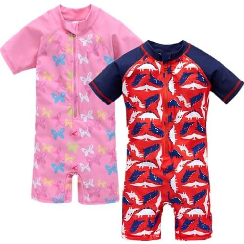 2021 Kavkas Kids Boy Swimming Suit Hat Fashion One Piece Dinosaur Print Baby Boys Swimwear Beach Suit Short Sleeve Child Bathing