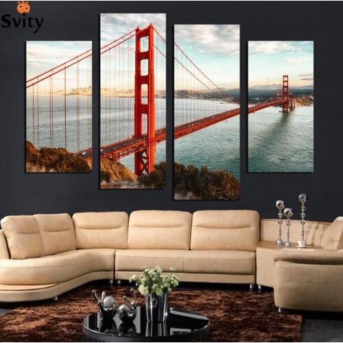 4 pcs USA Famous Building Golden Gate Bridge Oil Painting print On Canvas Painted Unique halloween For home Decoration F1885