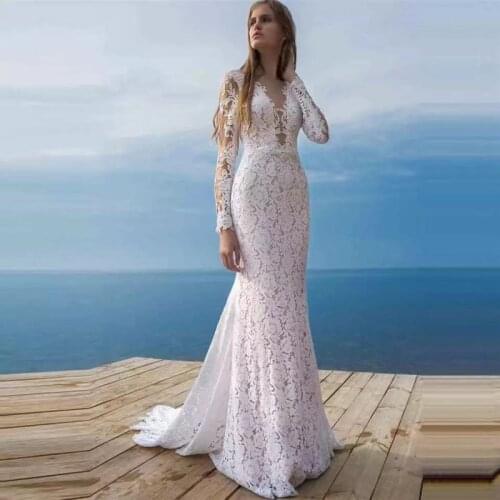 9804#Sexy V-Neck Full Lace Wedding Dresses Appliques Lace Beach Bridal Gowns See Through Tull Elegant Bride Wedding Wear