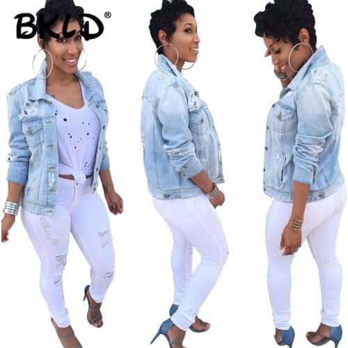 BKLD Jeans Jacket Women Slim Ripped Holes Denim Jacket Femme Elegant Vintage Autumn Fashion Bomber Jacket Women Basic Coats