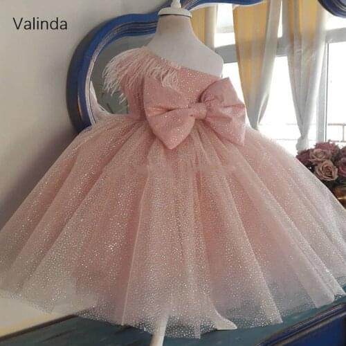 Glitter One Shoulder Girl Dresses with Bow Feathered Little Princess Pageant Birthday Dress Kids Clothing