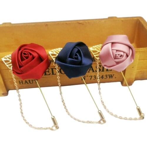 Fabric Rose Flower Gold Chain Brooches and Pins for Men Suit Accessories Handmade Wedding Party Boutonniere Long Needle Brooch