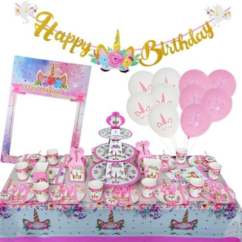 WEIGAO Unicorn Birthday Party Decorations Kids Cartoon Horse Disposable Tableware Sets 1st Birthday Paper Cup/Hat/Napkins Favors